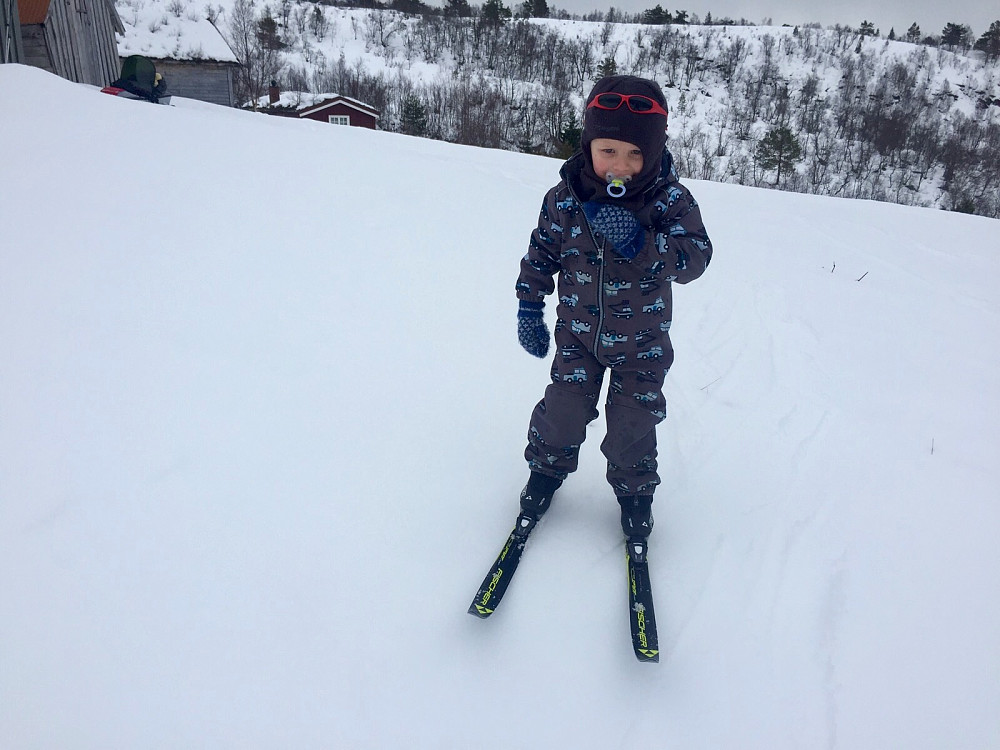 Etter nedrennet ril Lotsstøylen med en syngende Vinjar bak i pulken, hadde vi en lang pause på støylen hvor Vinjar fikk gå litt på ski :-)
