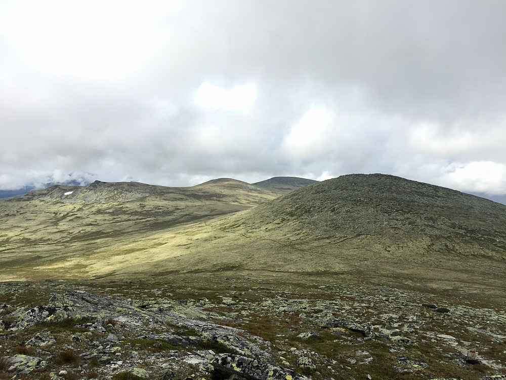 Frua Gloføkkampen mot de neste toppene. Den høgste, Gloføken, er bakerst til høgre