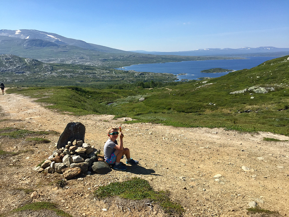 En liten pause i varmen med utsikt mot Nesjøen og Skarfjellet