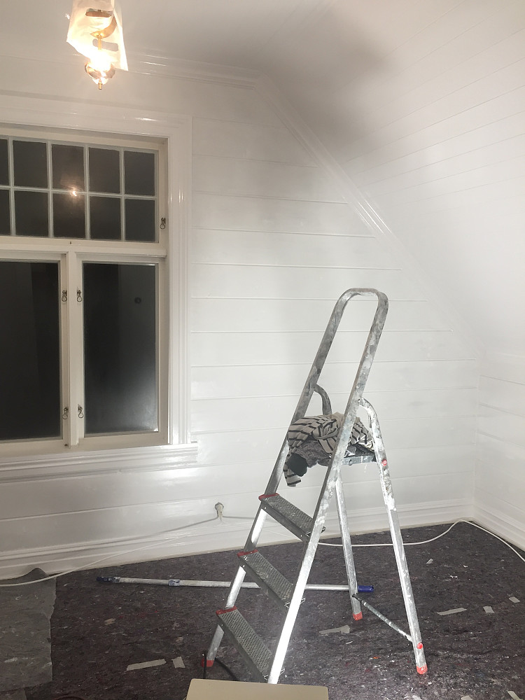 Vinjar sitt rom, ferdig malt lister og tak , gjenstår kun maskering og to malingsstrøk vegger