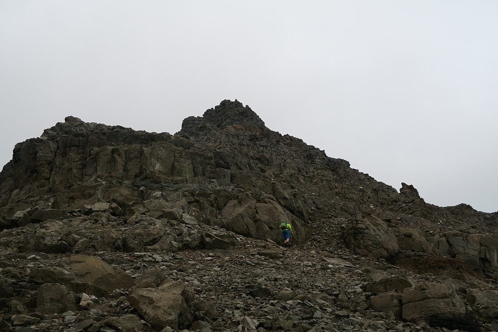 There is a marked scar across the upper/steeper part of the mountain, from south to north. This scar worked as a nice (although somewhat loose) and diagonal trail up to the summit.  