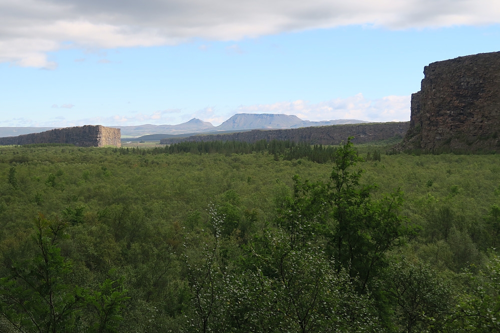 View from the inner inner part of Ásbyrgi (Botnstjörn). Eyjan (the island) is seen to the left. The eastern canyon margin is seen to the right. 