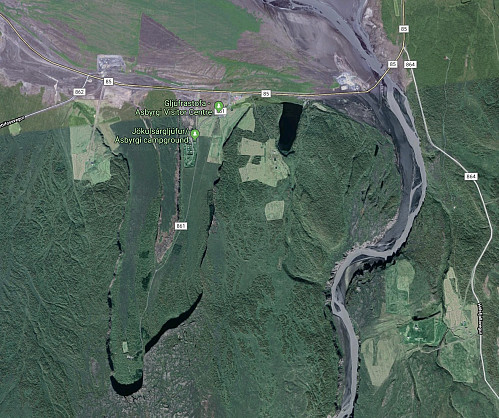 The Ásbyrgi canyon seen from aerial photo at google maps