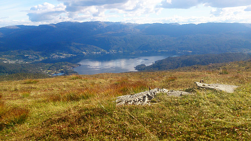 The trig bolt at Raudfjell. View towards Haga and Tysse.