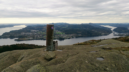 The trig marker at Tellevikafjellet. Holsnøy in the background.