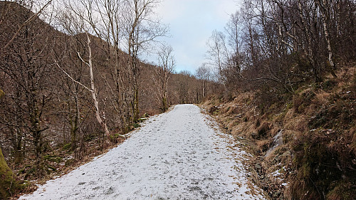 Snow-covered gravel road up from Sædalen