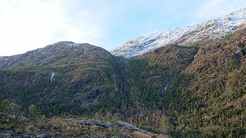 Looking back toward the winding gravel road up Brekkekleiva