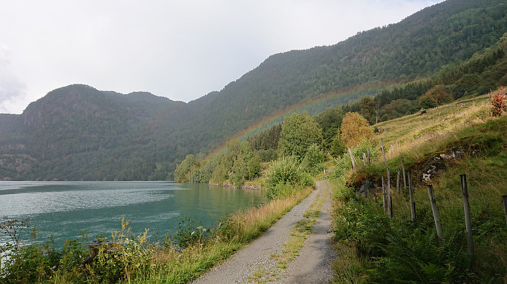 Along Barsnesfjoden. Note the rainbow.
