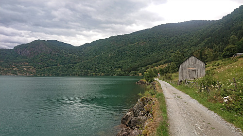 Walking along Barsnesfjorden. Romnaholten to the left.