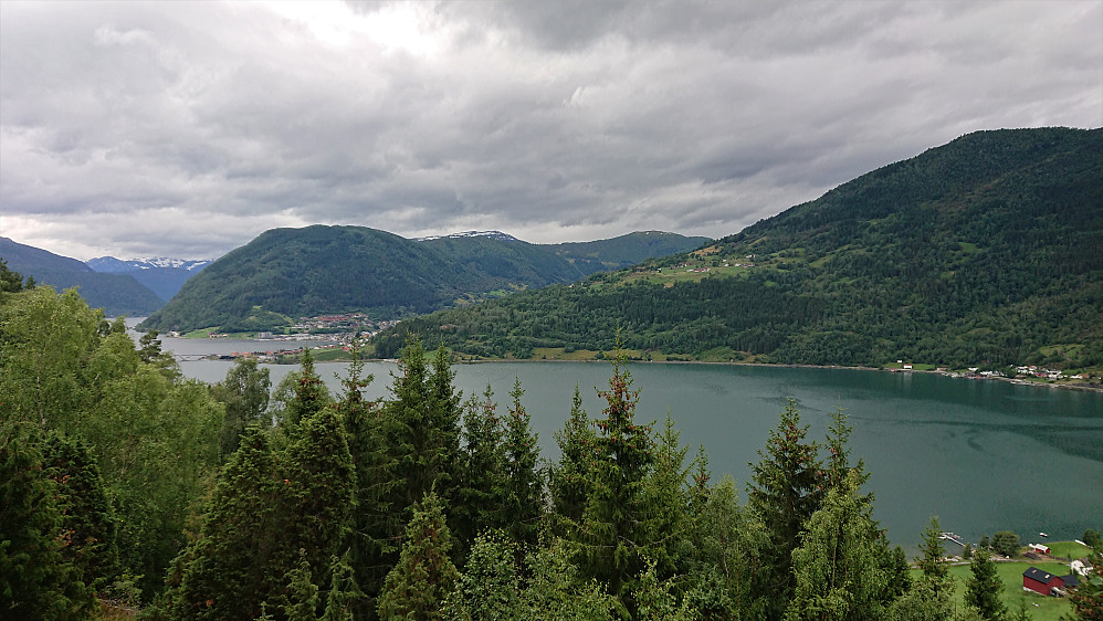 View towards the center of Sogndal (and the outer part of Barsnesfjorden) from a marked viewpoint northwest of Flotshaugen