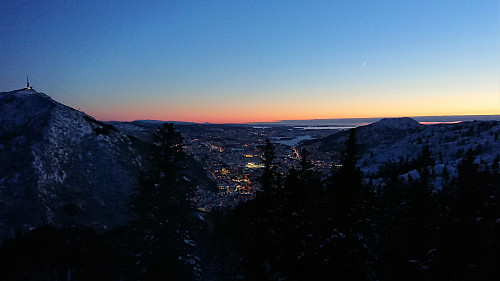 After sunset from Blåmansveien utsiktspunkt. Ulriken to the left, Løvstakken to the right.