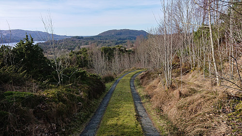 Partially paved road with Kvisteinfjellet in the background