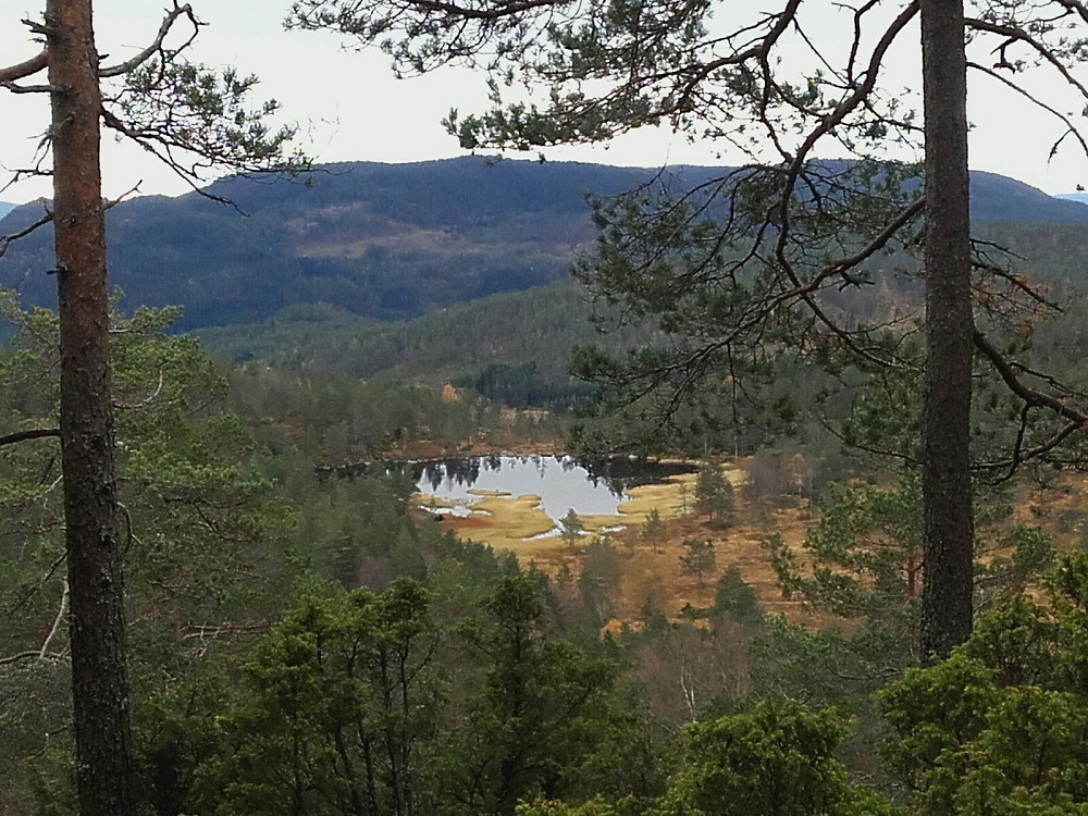 Utsikt ned til Kleivstemmen som ligger det blikk stille. Vi kom senere ned på bortsiden av tjernet 