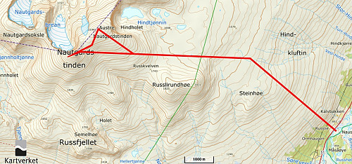 Omtrentlig rute fra Russlie til Nautgardstinden og Austre Nautgardstinden.