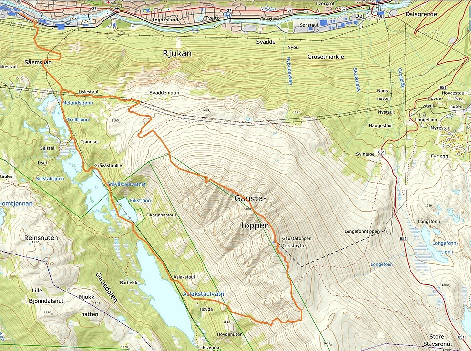 Rutevalget fra Rjukan - bratt opp, langs ryggen fra nordvest, og retur gjennom Gausdalen.