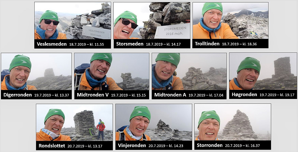 Bildebeviset på at jeg var på alle toppene - her foran alle vardene til de ti toppene over 2000 meter i Rondane.