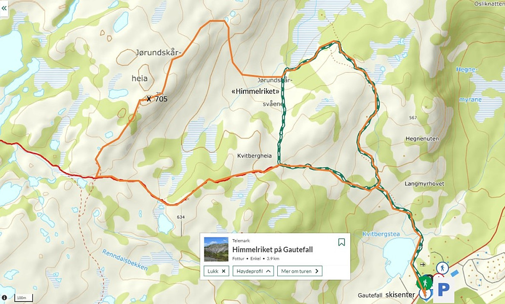 Kopi av kart fra UT.no hvor vår rute er tegnet inn med oransje strek. Anbefaler å ta runden i retning mot klokka. 