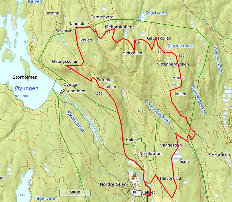 Vår omtrentlige rute over Maridalsalpene, tegnet inn på kart fra Norgeskart.