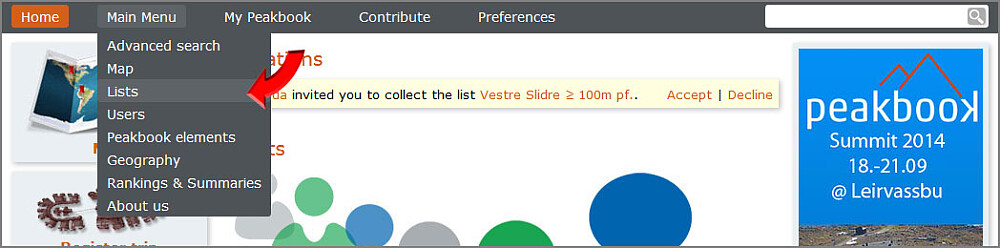 Velg lister fra hovedmenyen.