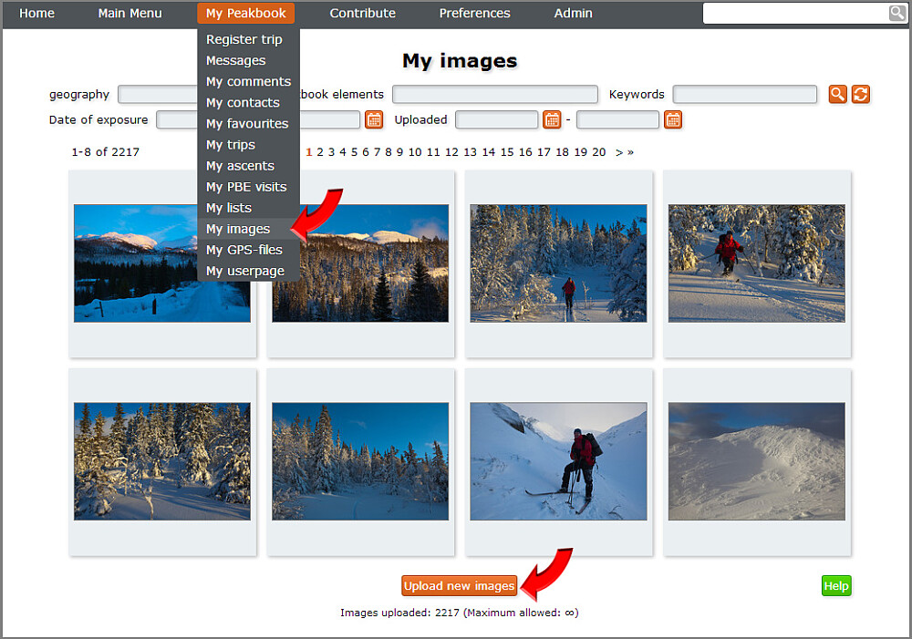 Menyvalget Min Peakbook > Mine bilder tar deg til hovedsiden for dine bilder på Peakbook.