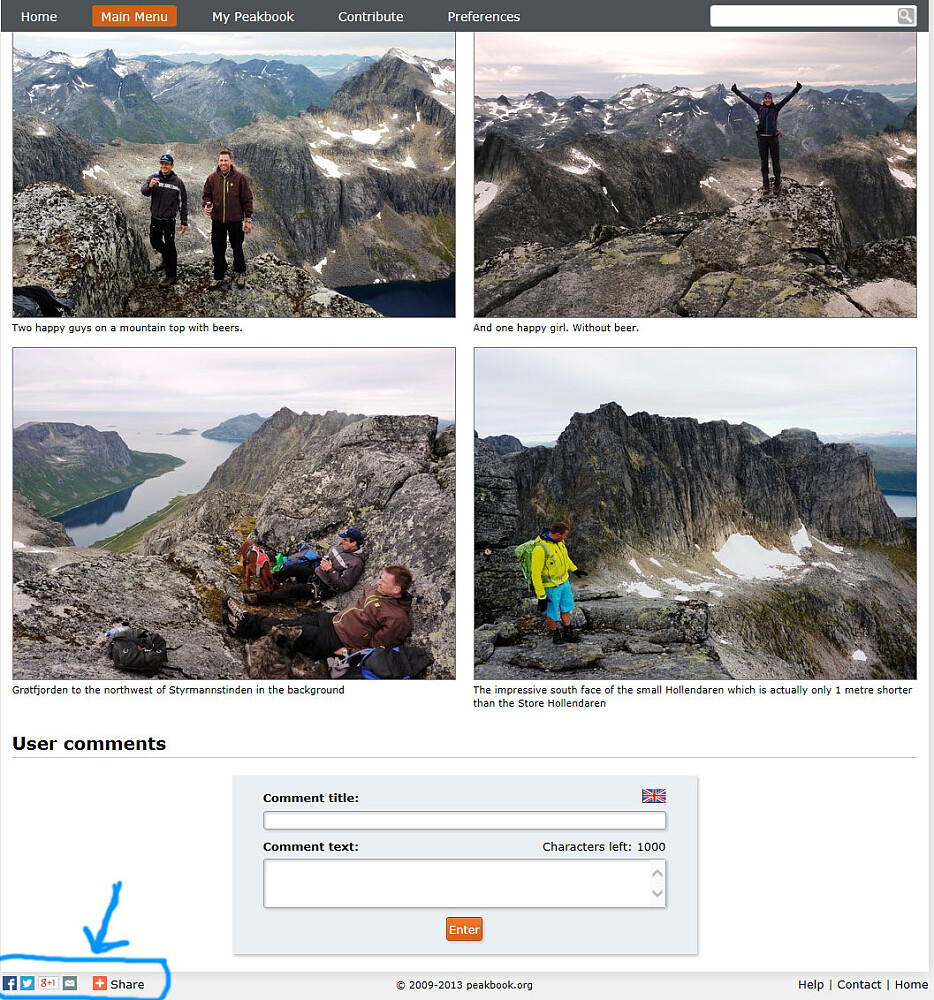 Finn frem rapporten i Peakbook, rull ned til bunn av siden og velg ikon for å dele artikkelen. Mest aktuelt er nok Facebook, men man kan også dele per epost, google+ eller andre sosiale medier.