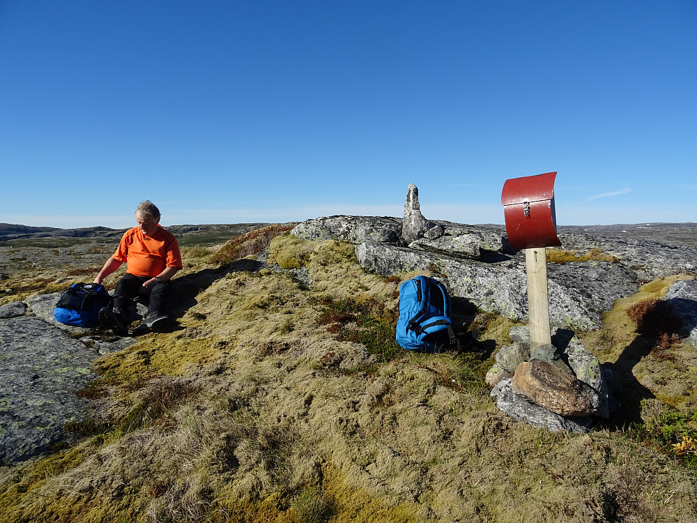 Toppsteinen og posten til "Naturperler i Namsos" på Trollknuten. (Terje H. på bildet)