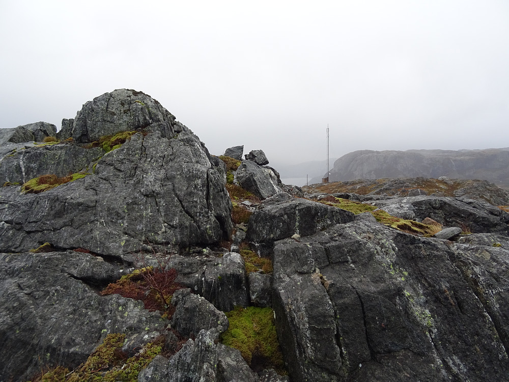 Den steinete toppen av Hyllfjellet med ei mobilmast bak