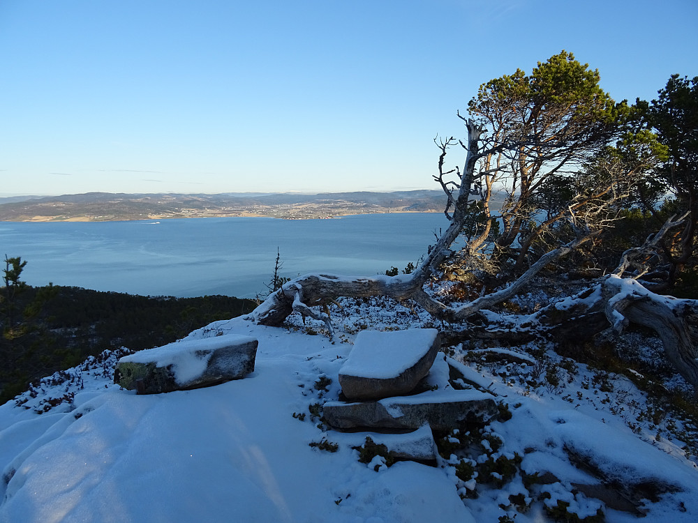 God utsikt mot Trondheimsfjorden og Stadsbygd. Trigpunktbolten foran steinen til venstre