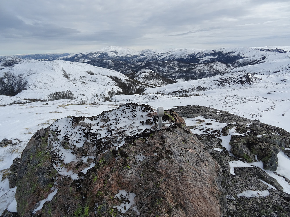En grensemerkestein på Løysmundliklumpen. Utsikt mot Kjerklifjellet og Engesdalen. Tøttdalsetran ligger der nede en plass også 