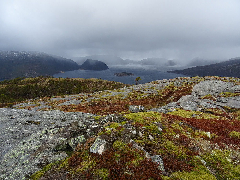 Noen mosegrodde steiner på toppen. Utsikt mot Jøssundøya og Lurahatten